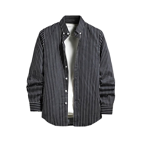 Mens Button Up Shirts Loose Fit Stripe Print Long Sleeve Spring Shirt Lightweight Casual Turn Down Collar Top BK1 L