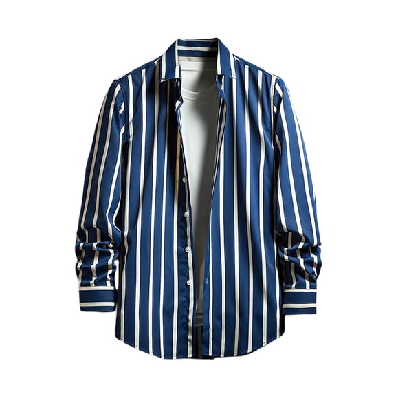 Mens Button Up Shirts Loose Fit Stripe Print Long Sleeve Spring Shirt Lightweight Casual Turn Down Collar Top Dark Blue XL