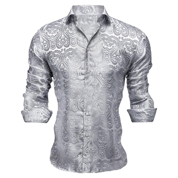 Mens Button Up Shirts Print Long Sleeve Spring Shirt Lightweight Casual Turn Down Collar Top Silver XXXL