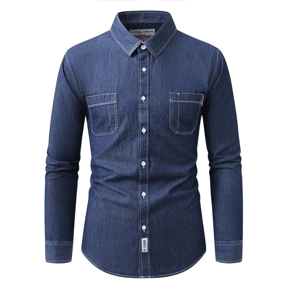 Mens Button Up Shirts Retro Denim Long Sleeve Spring Shirt Lightweight Casual Turn Down Collar Top Overshirt Style Dark Blue L