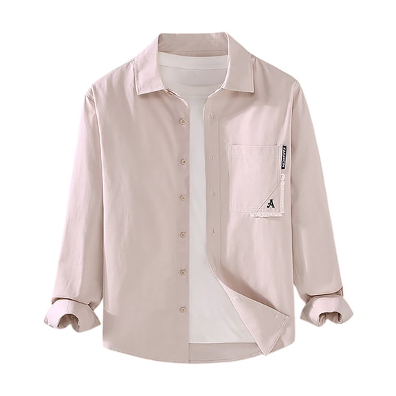 Mens Button Up Shirts Solid Color Casual Long Sleeve Spring Shirt Lightweight Loose Fit Turn Down Collar Top Light Pink M