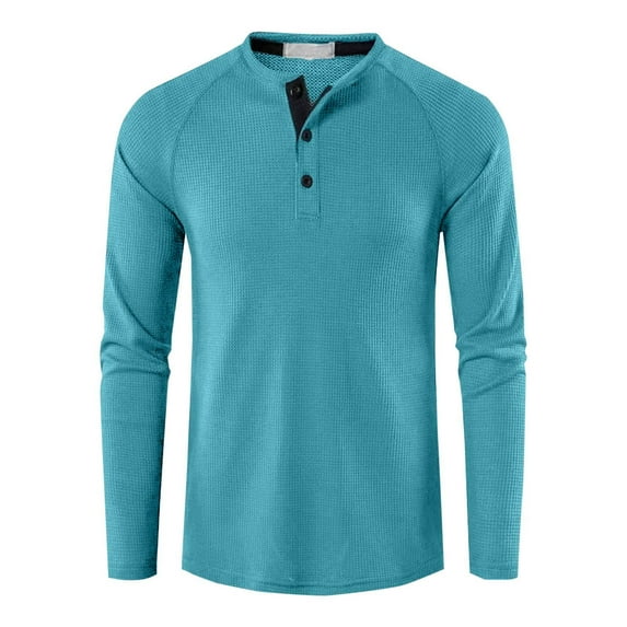 Mens Button Up T-Shirts, Long Sleeve Shirts for Men Fall Casual Vintage Solid Color Ribbed Crewneck Pullover S-3XL