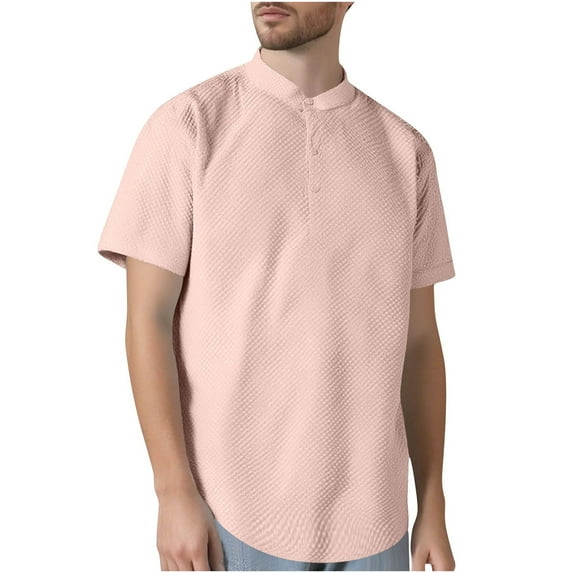 Mens Button Up T-Shirts, Short Sleeve Shirts for Men Summer Casual Vintage Solid Color Ribbed Notch Crewneck Henley Tshirts S-3XL