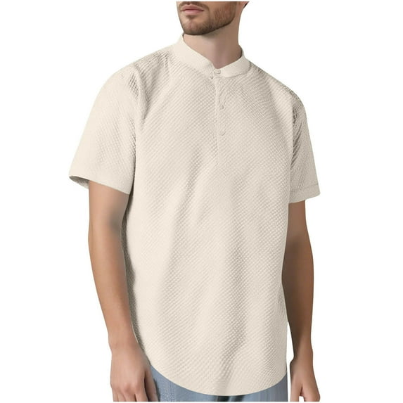 Mens Button Up T-Shirts, Short Sleeve Shirts for Men Summer Casual Vintage Solid Color Ribbed Notch Crewneck Henley Tshirts S-3XL