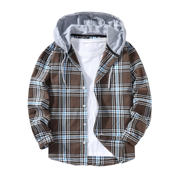 Mens Button down Shirts Casual Long Sleeve Lightweight Plaid Patchwork Hooded Shirt Coat Trendy Tops (2XL, Coffee)