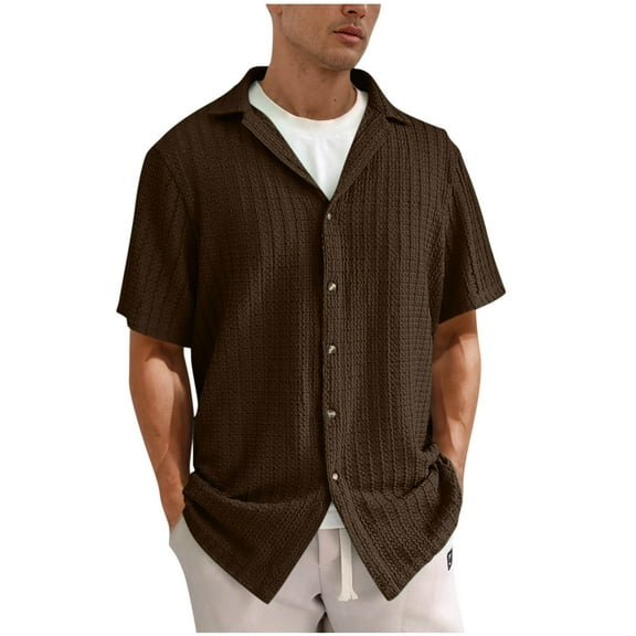 Mens Button up Shirts Textured Knit Short Sleeve Eyelet Tops Dressy Casual Notch Collared Button-down Blouses (2XL, Brown)