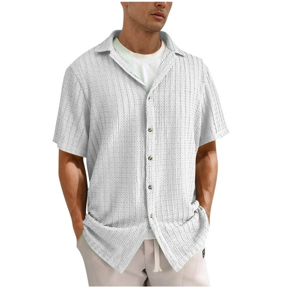 Mens Button up Shirts Textured Knit Short Sleeve Eyelet Tops Dressy Casual Notch Collared Button-down Blouses (3XL, White)