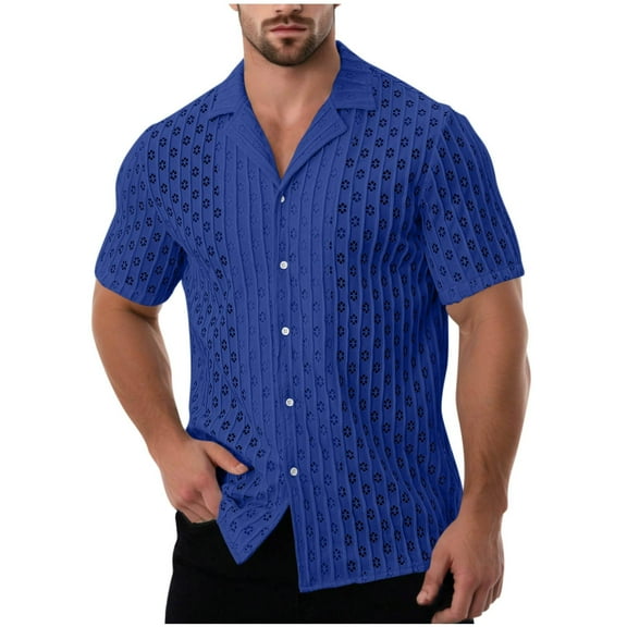 Mens Button up Shirts Textured Knit Short Sleeve Eyelet Tops Dressy Casual Notch Collared Button-down Blouses (M, Blue 01)