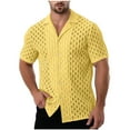 thumbnail image 1 of Mens Button up Shirts Textured Knit Short Sleeve Eyelet Tops Dressy Casual Notch Collared Button-down Blouses (XL, Yellow 01), 1 of 7
