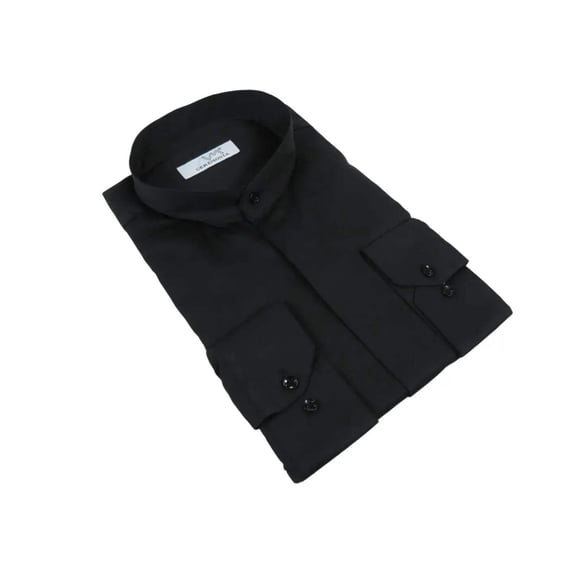 Mens CEREMONIA Pastor Shirt 100% Cotton Turkey Banded Collar #stn 15 hyk black