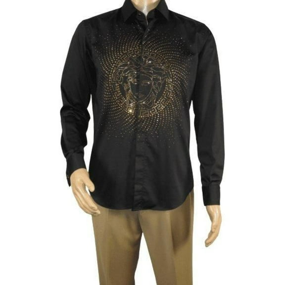 Mens CEREMONIA Shirt 100% Cotton Medusa Medallion Rhine Stones #stn 15 vrs black