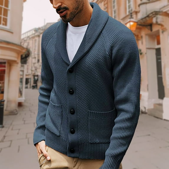 Mens Cable Knit Cardigan Sweater Shawl Collar Loose Fit Long Sleeve Casual Cardigans Collar Cardigan Sweaters Knit Textured Sweater Button Down Cardigans