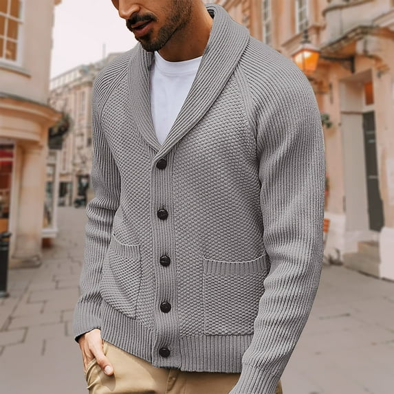 Mens Cable Knit Cardigan Sweater Shawl Collar Loose Fit Long Sleeve Casual Cardigans Collar Cardigan Sweaters Knit Textured Sweater Button Down Cardigans