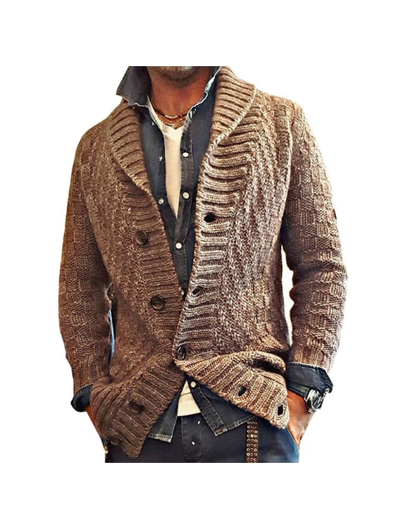 Mens Cable Knit Cardigan Sweater Shawl Collar Loose Fit Long Sleeve Casual Cardigans Knitwear Fashion Retro Button Down Henley Sweater Coat