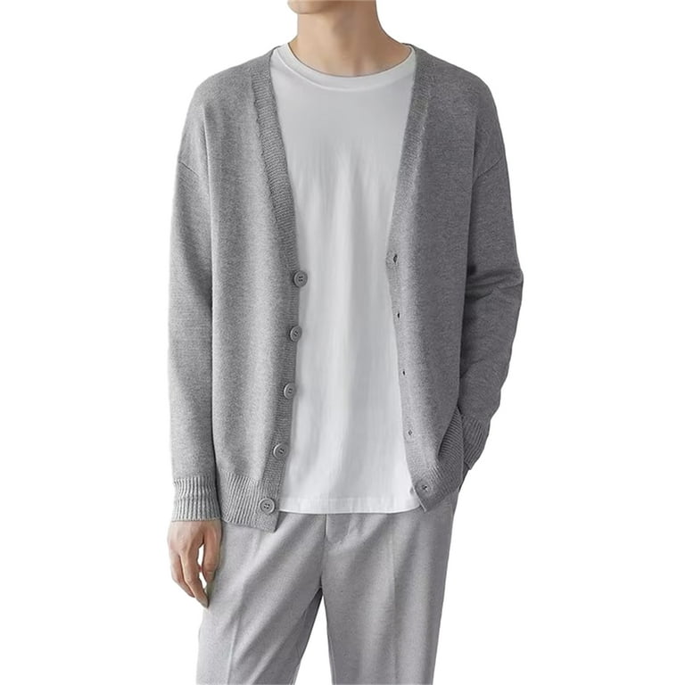 Mens Cable Knit Cardigan Sweater V-neck Loose Fit Long Sleeve