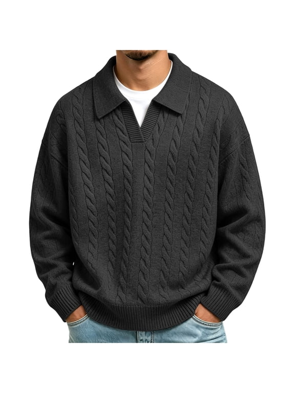 Mens Cable Knit Polo Sweater Buttonless, Long Sleeve Loose Textured Pullover, Winter Casual Lapel Knitted Jumper for Street Daily Wear