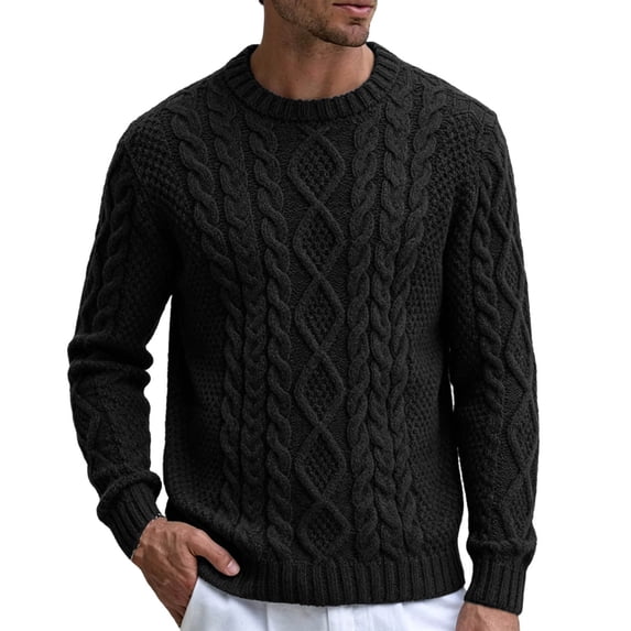 Mens Cable Knit Pullover Sweater Crew Neck Long Sleeve Cable Fisherman Sweaters Black XXL