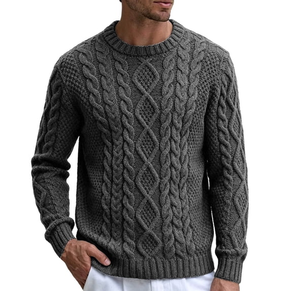 Mens Cable Knit Pullover Sweater Crew Neck Long Sleeve Cable Fisherman Sweaters Dark Gray XL