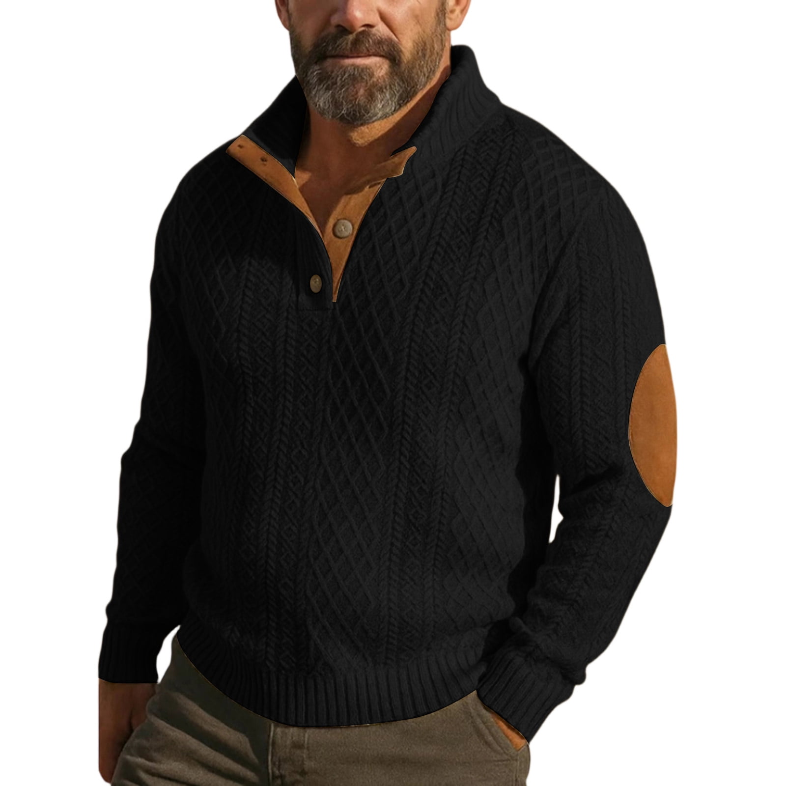 Mens Cable Knit Sweater with Brown Leather Elbow Patches and Four 