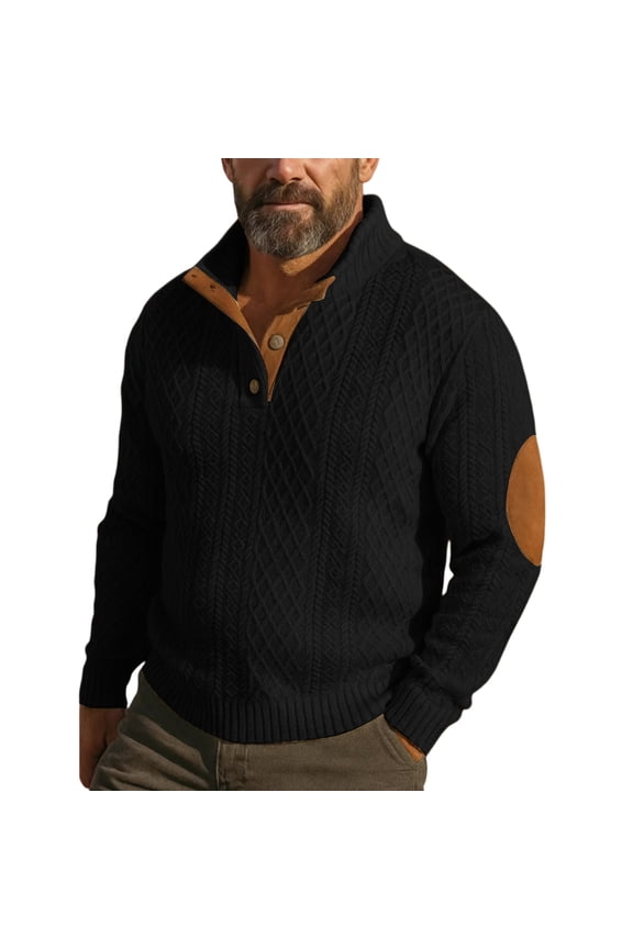 Mens Cable Knit Sweater with Brown Leather Elbow Patches and Four Button Placket Black 2XL