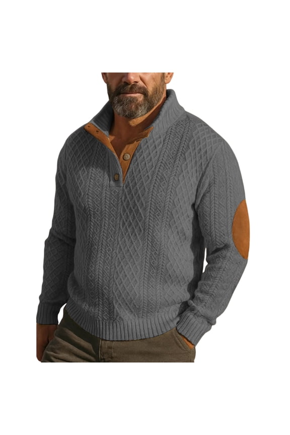 Mens Cable Knit Sweater with Brown Leather Elbow Patches and Four Button Placket Dark Gray 2XL