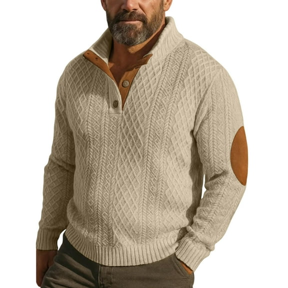 Mens Cable Knit Sweater with Brown Leather Elbow Patches and Four Button Placket Khaki 2XL