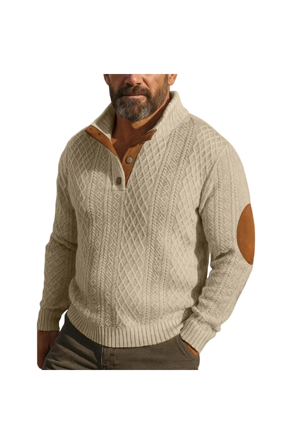 Mens Cable Knit Sweater with Brown Leather Elbow Patches and Four Button Placket Khaki 3XL