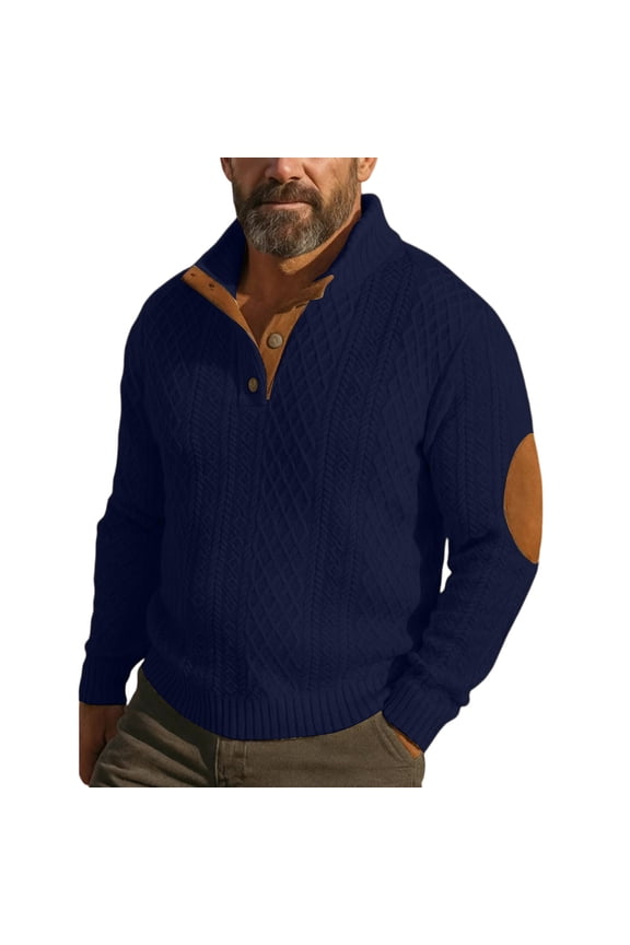 Mens Cable Knit Sweater with Brown Leather Elbow Patches and Four Button Placket Navy M