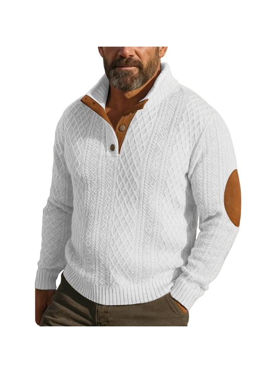 Mens Cable Knit Sweater with Brown Leather Elbow Patches and Four Button Placket White 2XL