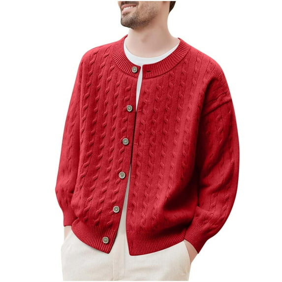 Mens Cable Knitted Sweater Long Sleeve Crew Neck Cardigan Sweaters Button Down Knitted Jackets for Casual and Formal Outfits Red XL