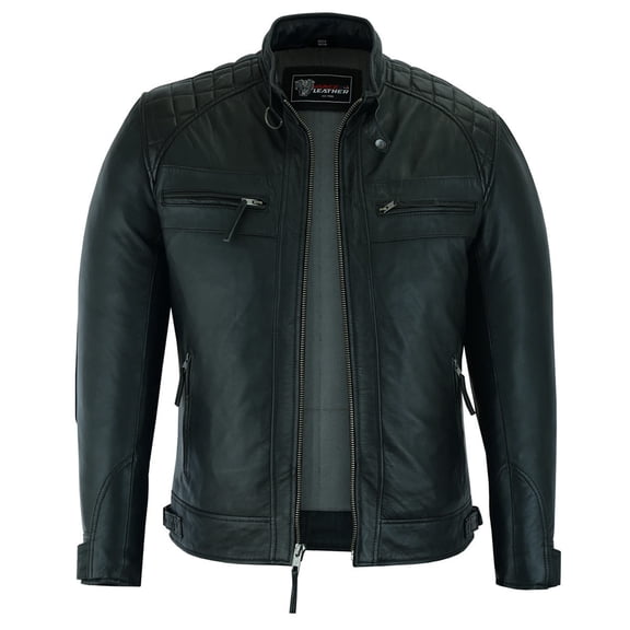 Vance Leather Men's Cafe Racer Gatsby Black Waxed Lambskin Motorcycle Leather Jacket (5X-Large)