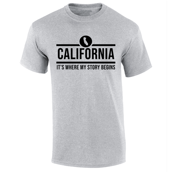Mens California Tshirt California It's Where My Story Begins Short Sleeve T-shirt-Sports Grey-medium