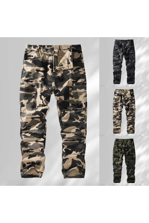 Mens Camo Cargo Pants Slim Fit Stretchy Blend Straight Leg Hiking Work Trousers Khaki 30