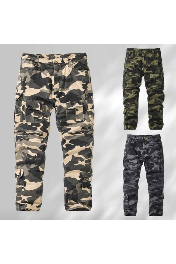 Mens Camo Cargo Pants Slim Fit Stretchy Blend Straight Leg Hiking Work Trousers Khaki 36