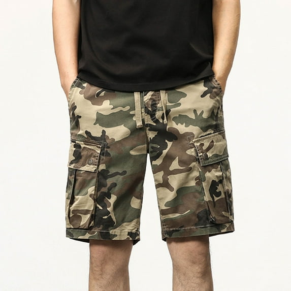 Mens Camo Cargo Shorts, Multi - Pockets, Adjustable Waist, Summer Outdoor & Work Wear