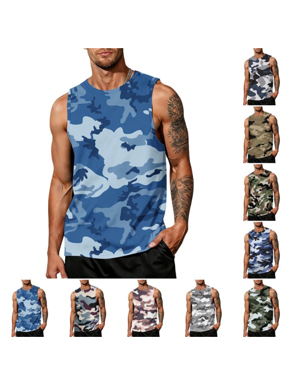 Mens Camo Graphic Tank Tops Casual Trendy Sleeveless Crewneck Tank Tops Summer Breathable Lightweight Regular Fit Sport Vest Sky Blue 3XL