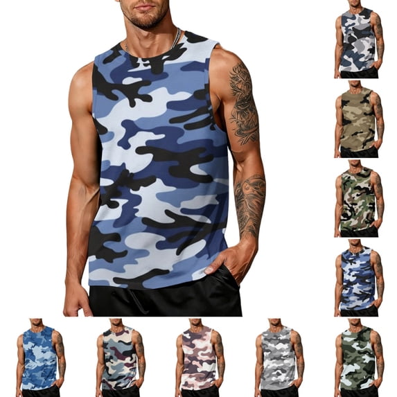 Mens Camo Graphic Tank Tops Fashion Casual Sleeveless Crewneck Tank Shirts Summer Breathable Lightweight Classic Fit Outdoor Beach Vest Dark Blue M