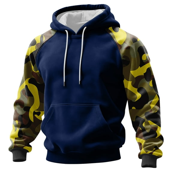 Mens Camo Hoodie Sweatshirts Long Sleeve Loose Outdoor Hiking Sweat Shirts Lightweight Casual Athletic Pullover Tops Dark Blue XL