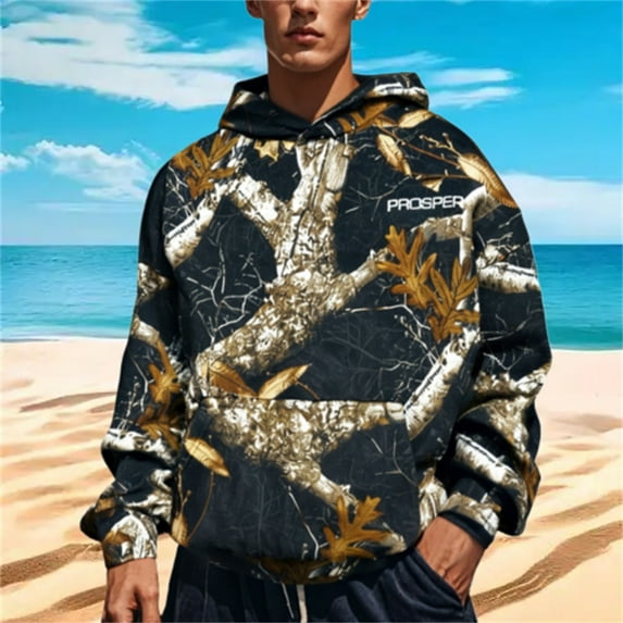Mens Camo Hoodies Maple Leaf Print Oversized Hooded Sweatshirt Pullover Sweatshirts Long Sleeve with Pocket Brown 5XL