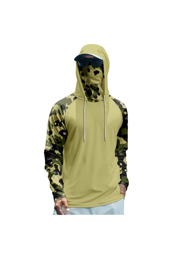 Mens Camo Print Hooded Long Sleeve Jacket Sun Protection Lightweight Summer Outdoor Shirt Light Yellow XXXL