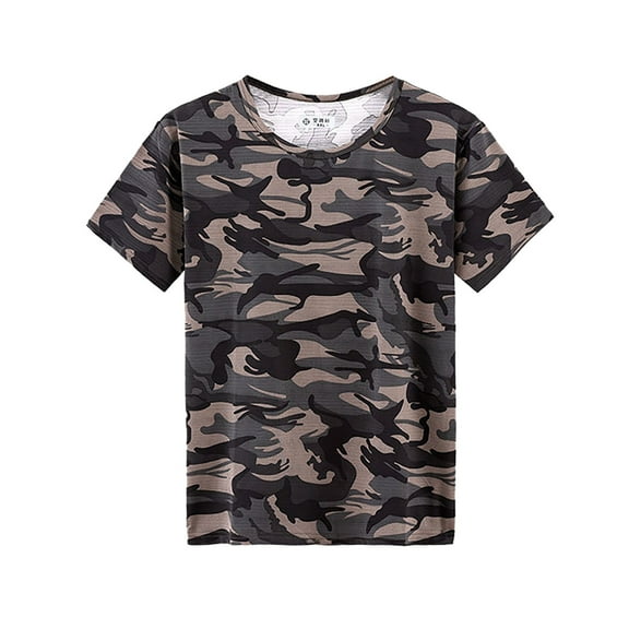 Mens Camo Shirts Quick Dry Lightweight Crew Neck Short Sleeve Tops Hunting Training Workout Tshirts Black XL