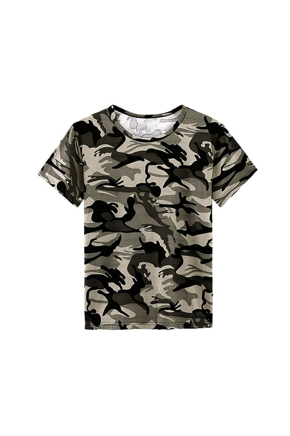 Mens Camo Shirts Quick Dry Lightweight Crew Neck Short Sleeve Tops Hunting Training Workout Tshirts Grey XL