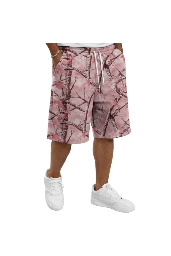 Mens Camo Shorts - Drawstring Maple Leaf Print Summer Beach Stretch Camo Shorts
