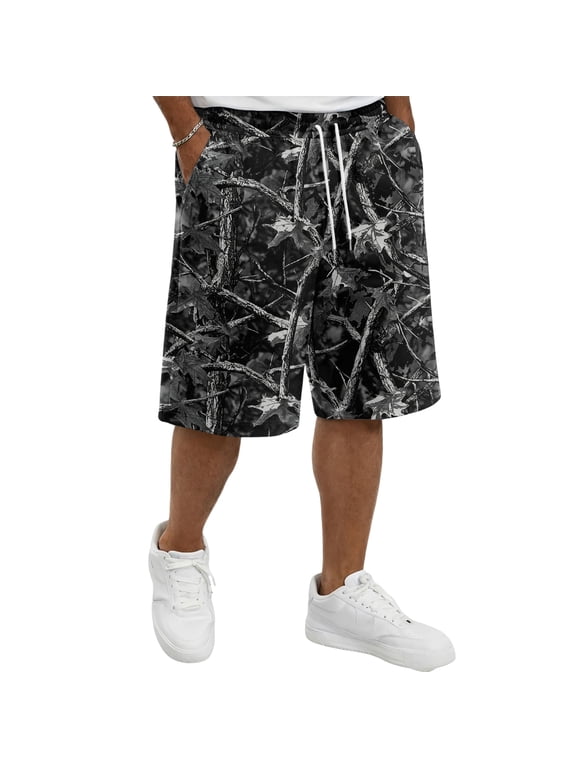 Mens Camo Sweat Shorts Loose Elastic Waist Maple Leaf Print Summer Shorts with Pockets