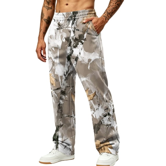 Mens Camo Sweatpants Wide Leg Baggy Track Pants Elastic Drawstring Waist Hunting Daily Casual Pants Light Gray 3XL