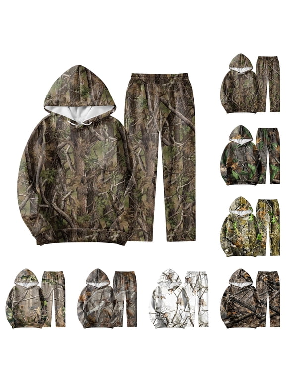 Mens Camo Sweatsuits 2 Piece Set Maple Leaf Camo Print Sweatsuit with Kangaroo Pockets Long Sleeve Sets 2 Piece Outfits Fall Fashion Jogging Loose Casual Hoodies Sweatpant Tracksuits,Multicolor 3XL