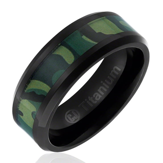 Mens Camo Wedding Band in Titanium 8MM Ring Black Plated with Green Military Camouflage Inlay - Beveled Edges