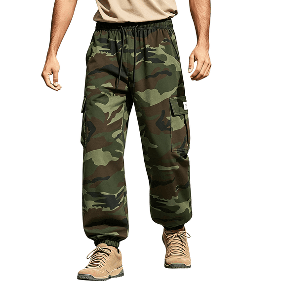 Mens Camouflage Combat Hiking Pants Elastic Waist Drawstring Tapered Multi Pocket Cargo Joggers