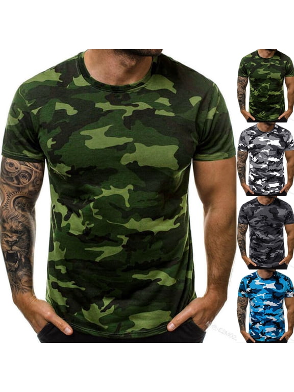 Mens Camouflage Crew Neck Short Sleeve T Shirts Soft Imitation Cotton Spandex Polyester Outdoor Fashion Tees Green 4XL