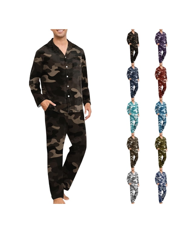 Mens Camouflage Pajama Set 2 Piece Long Sleeve Button Down Collared Shirt with Chest Pocket and Full Length Straight Leg Pants Side Pockets Matching Sleepwear Set